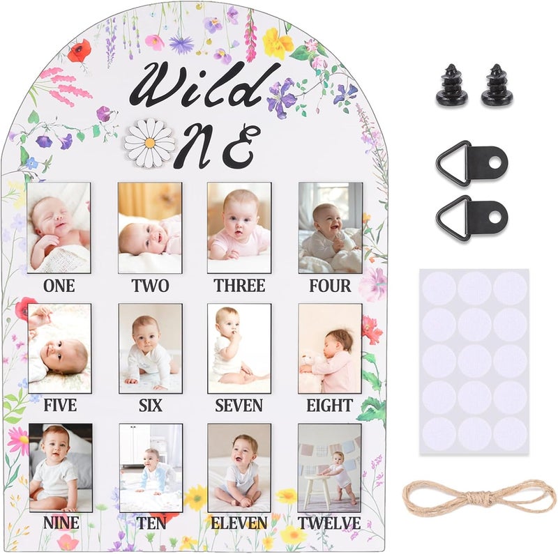 RANERVZ My First Year Photo Display Sign from 1-12 Months Wild One Flower Wooden Picture Frame for 1st Birthday Party Decorations Milestone Monthly Board for Girl One Birthday Nursery Decor Baby Keepsake Gift - Image 1